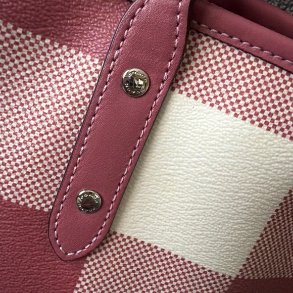 COACH Buffalo Plaid Red Pink Tote Bag Leather Trim & Full Size Wallet Wallet - Picture 12 of 16